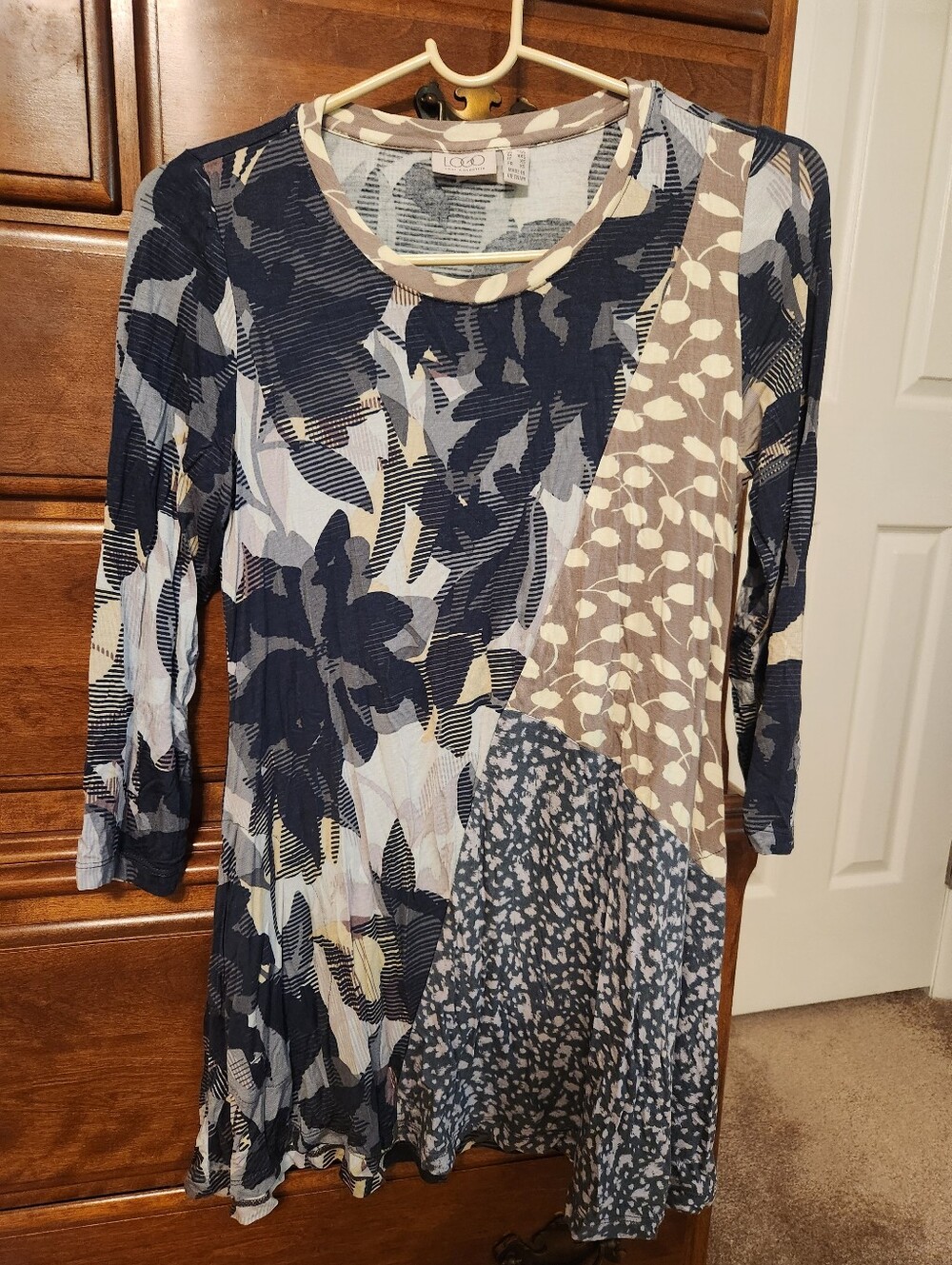 LOGO by Lori Goldstein Mixed-Print Gray and Taupe Tunic Top